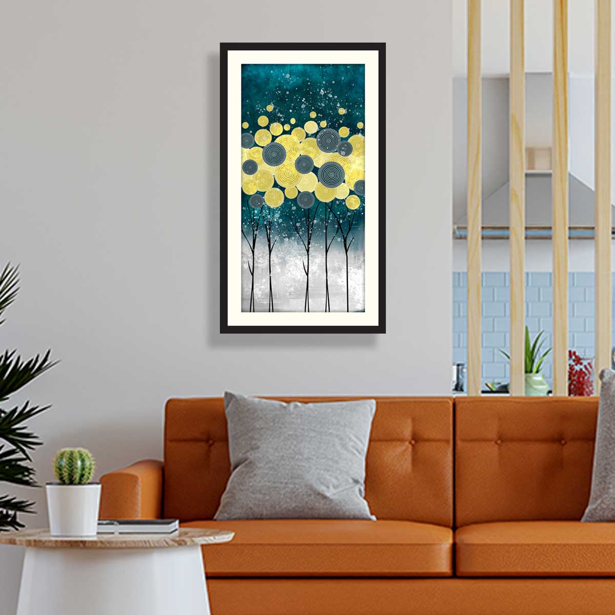 Yellow flower and blue with trees background abstract art