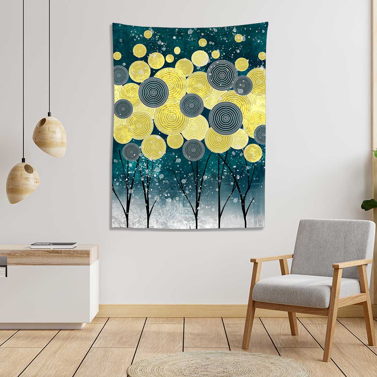 Yellow flower and blue with trees background abstract art