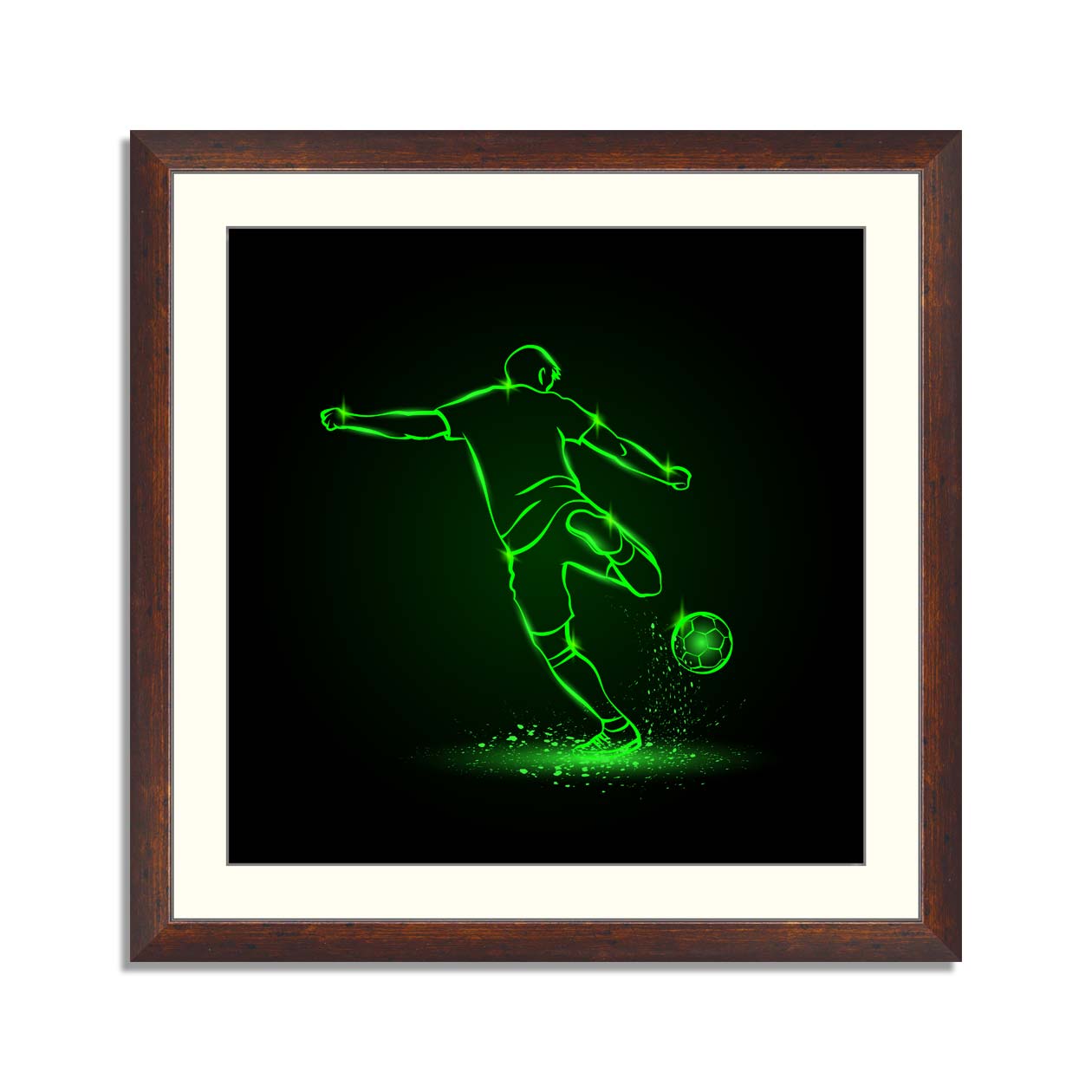 Soccer striker, back view. Football player hits the ball in the dark