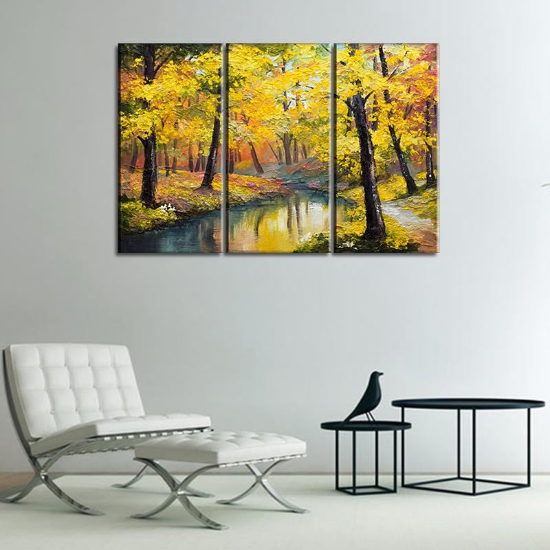 3 Panels Canvas Set Painting of Autumn Forest