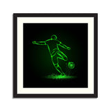 Soccer striker, back view. Football player hits the ball in the dark