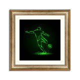 Soccer striker, back view. Football player hits the ball in the dark