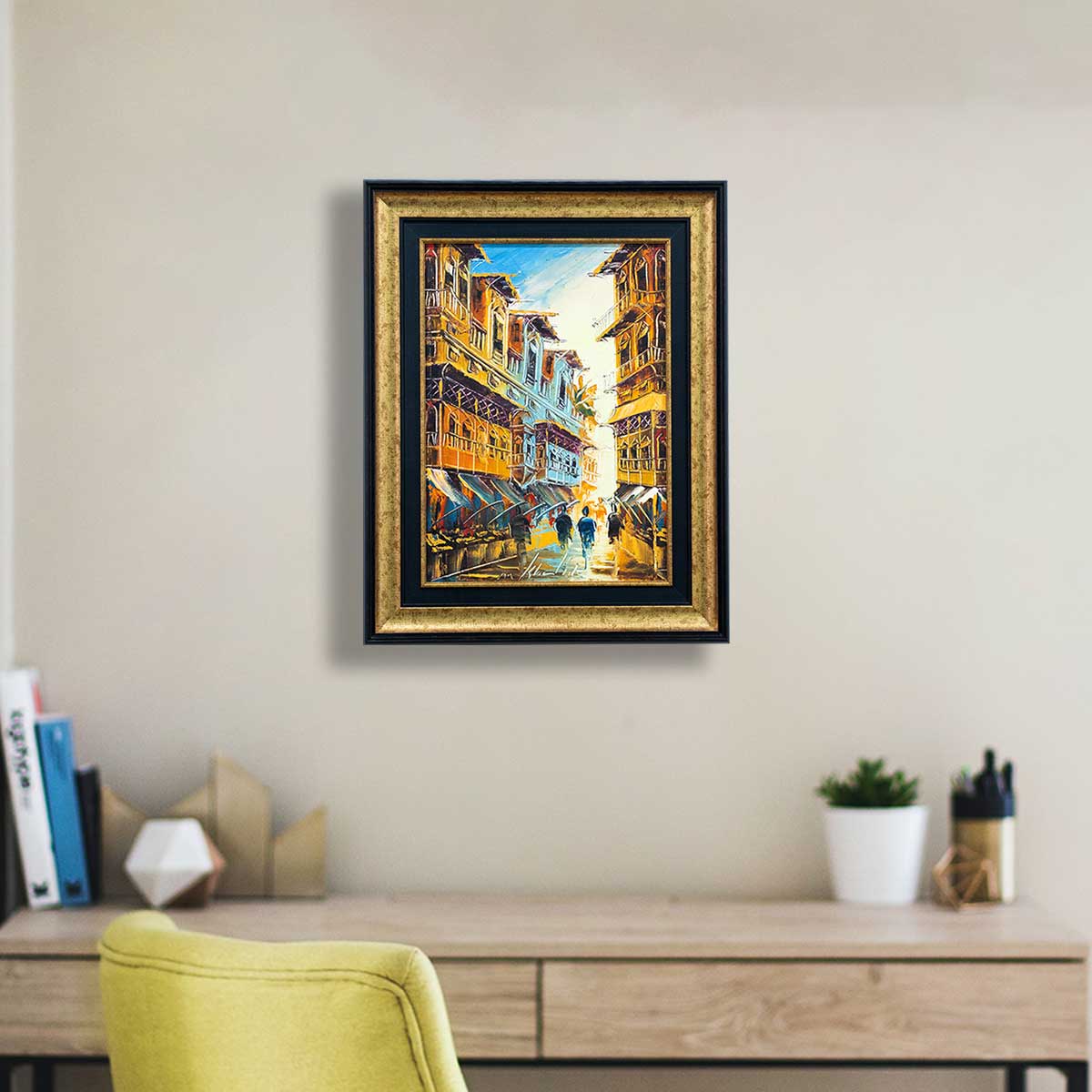 Old City Painting with Italian Antique  Gold Moulding and Black Liner