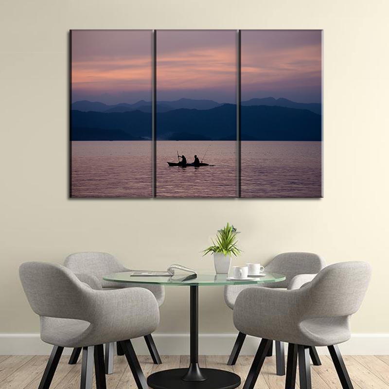 3 Panels Canvas Set mountain view with kayak boat when sunset time