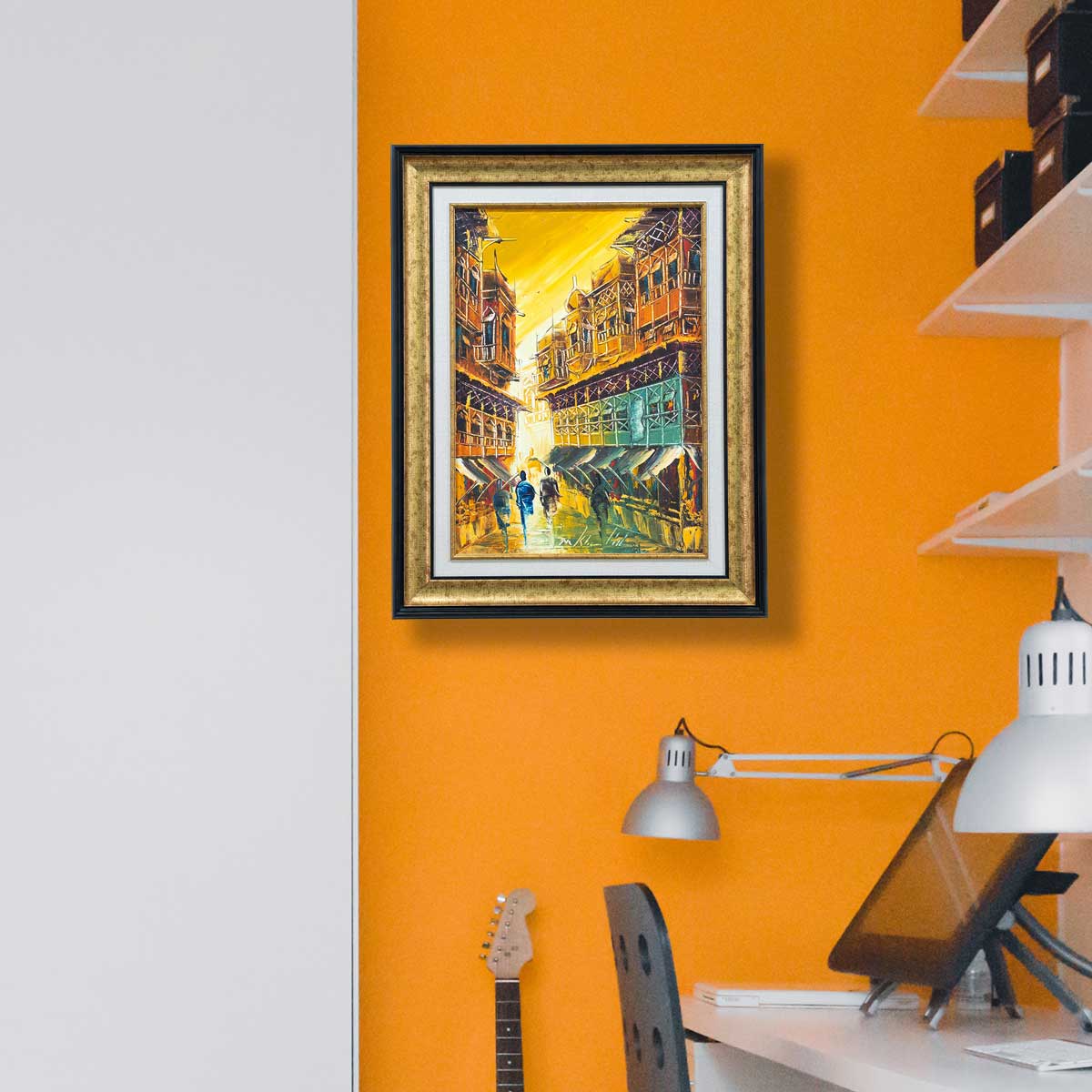 Old City Painting with Italian Antique  Gold Moulding 04