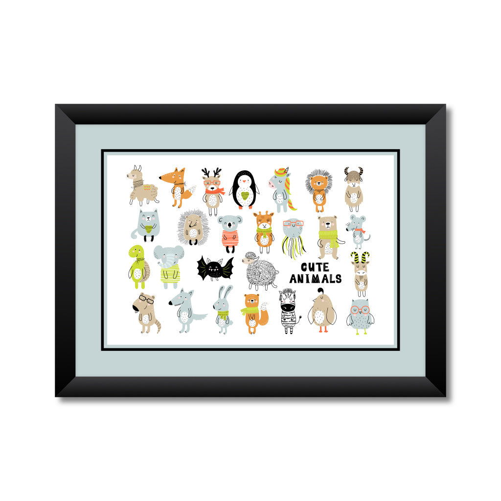 poster with cartoon cute animals for kids in scandinavian style