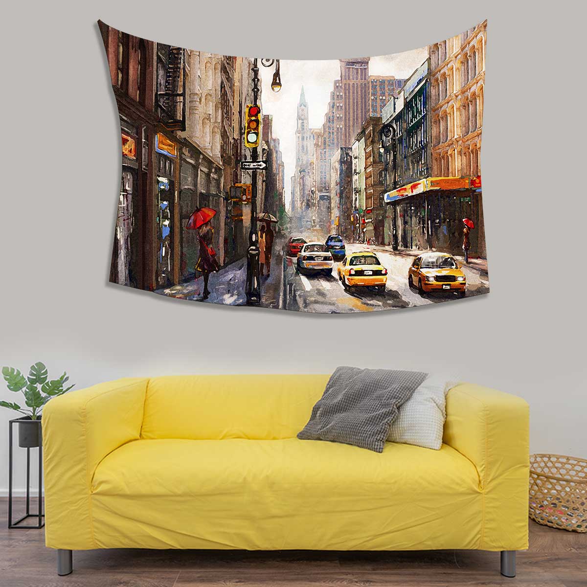 street view of New York, woman under an red umbrella