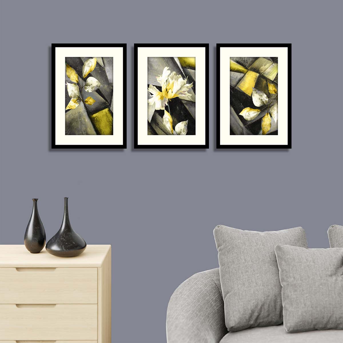 stylized triptych with flower, leaves