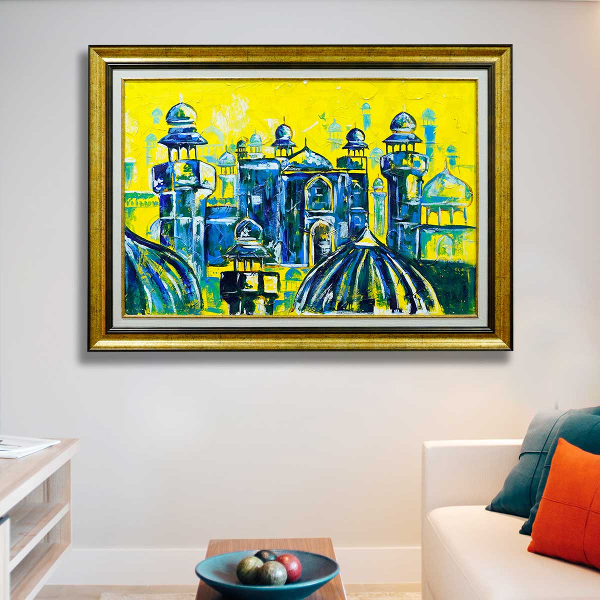 Old City Painting with Italian Antique  Gold Moulding and Black Liner