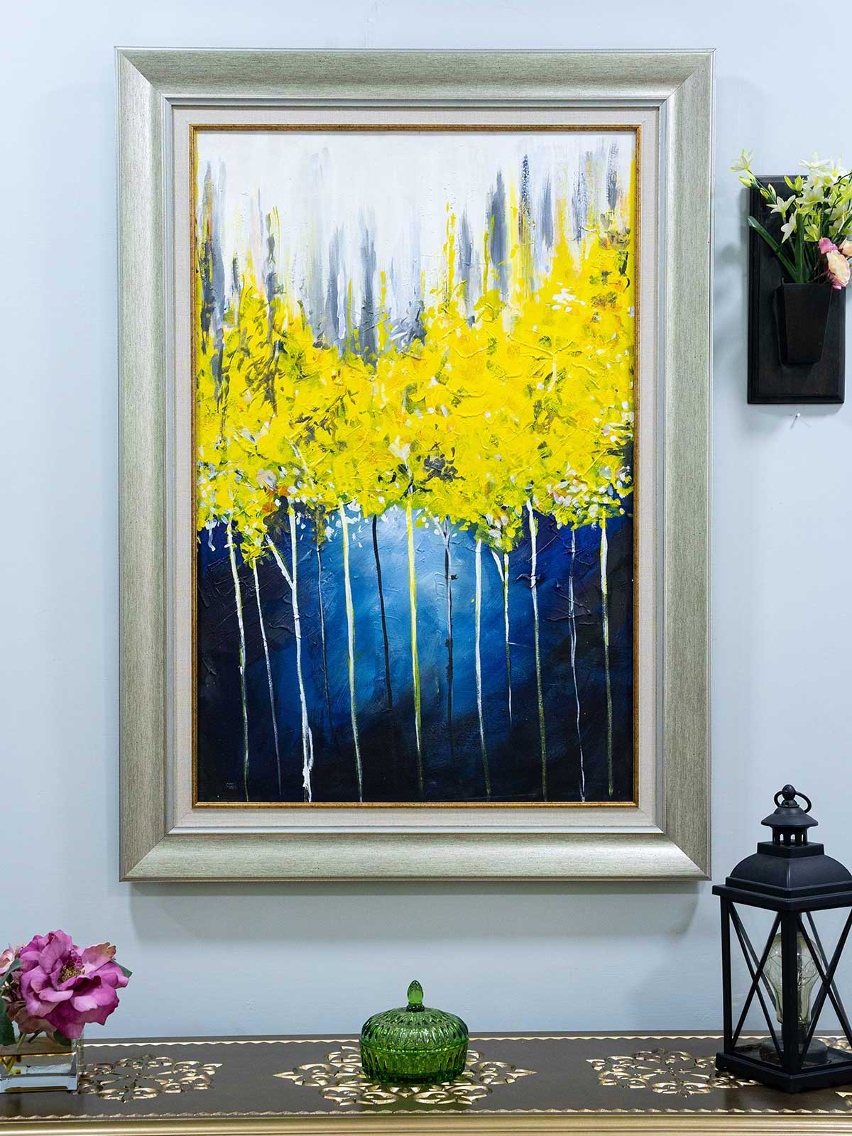 Abstract Art Yellow n black background with palette knife Handmade painting-02