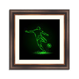 Soccer striker, back view. Football player hits the ball in the dark